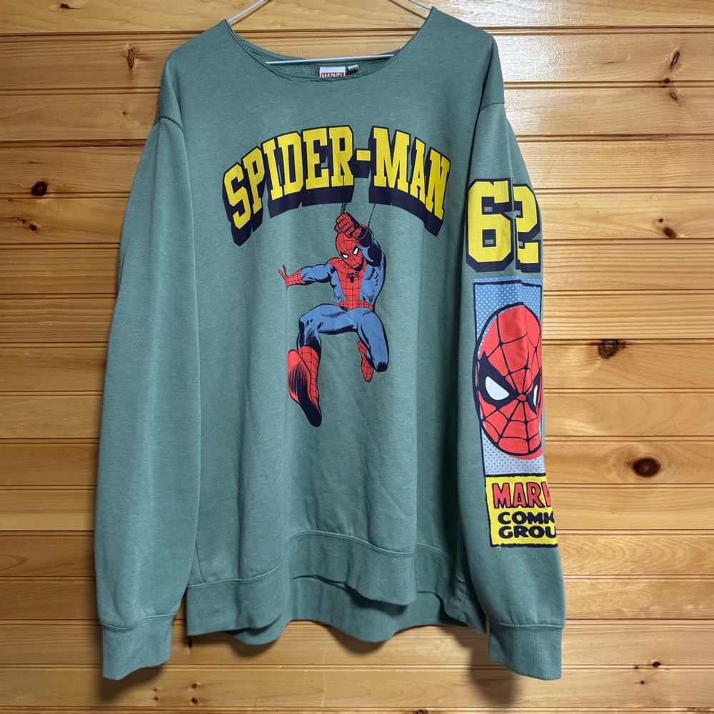 Marvel Spider-Man Sweatshirt Green Crewneck Pullover Comic Graphic 62 Logo XL